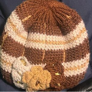 Brown and Cream Knit Beanie with Flower Accent